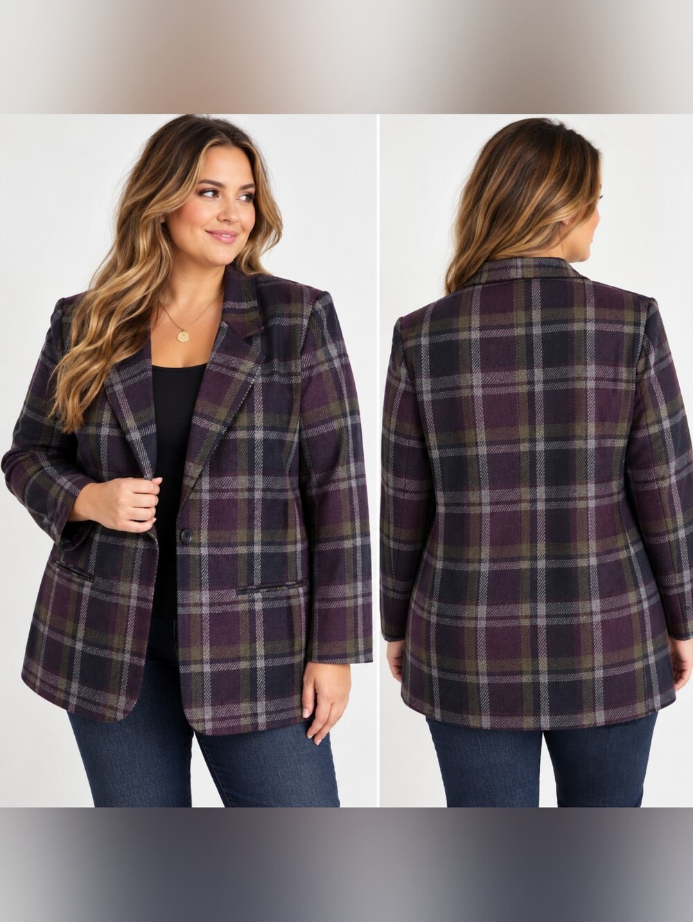 Sage Harbor Woman 16W Plaid Wool Blend Blazer Purple Navy Shoulder Pads